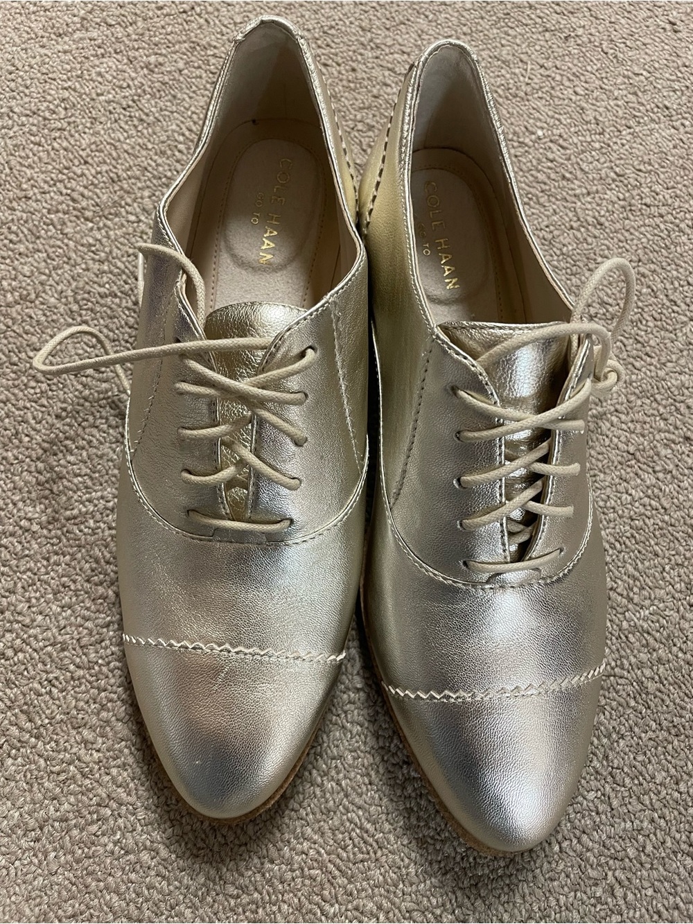 Cole Haan Metallic Gold Lace-Up Oxford Flats - Picture 1 of 8